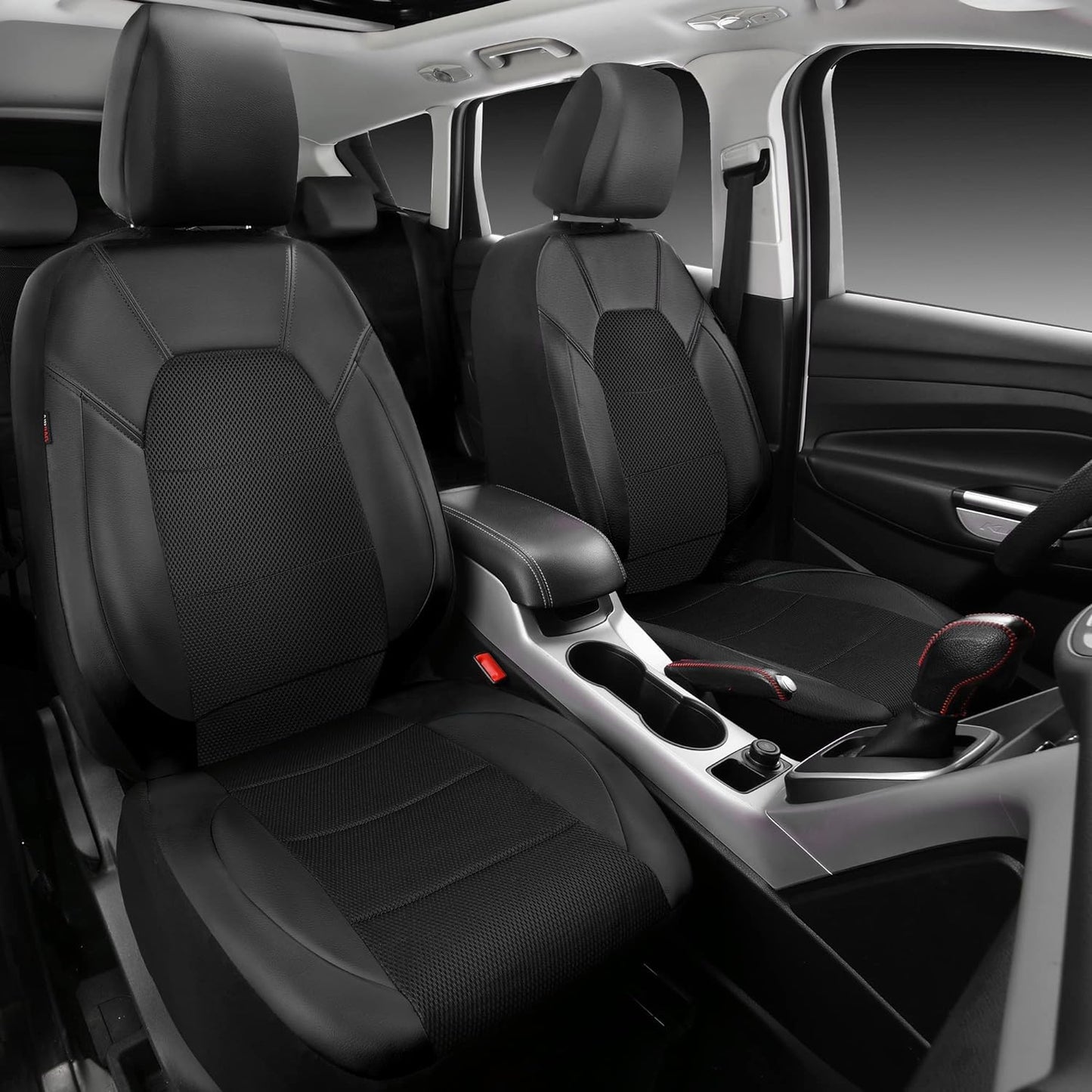 CAR PASS Leather Two Front Car Seat Cover; 4Pcs Waterproof Car Floor Mats & Steering Wheel Cover,Universal Fit Airbag Compatible Automotive Interior Covers (Combo Set, Black)