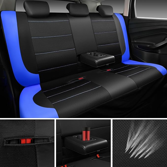 CAR PASS Air Mesh Leather Car Seat Covers Full Set, Waterproof Car Floor Mats, Sporty Steering Wheel Cover 14.5-15in, Universal Fits for 95% Cars Truck SUV (Black and Blue)