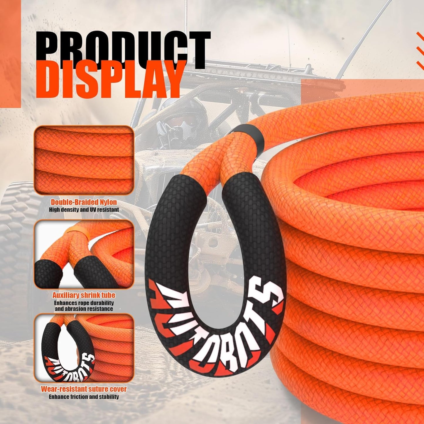 AUTOBOTS Kinetic Recovery Rope 1" x 20'(48,600lbs)+2 Soft Shackles，Heavy Duty Tow Rope Tow Strap for Truck ATV UTV SUV Car，Offroad Recovery Kit