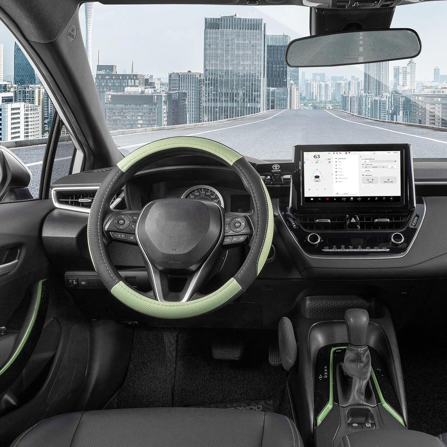 SEG Direct Steering Wheel Cover for Car, Standard Size 14.5-15 inch, Auto Interior Accessories, Black and Pastel Green