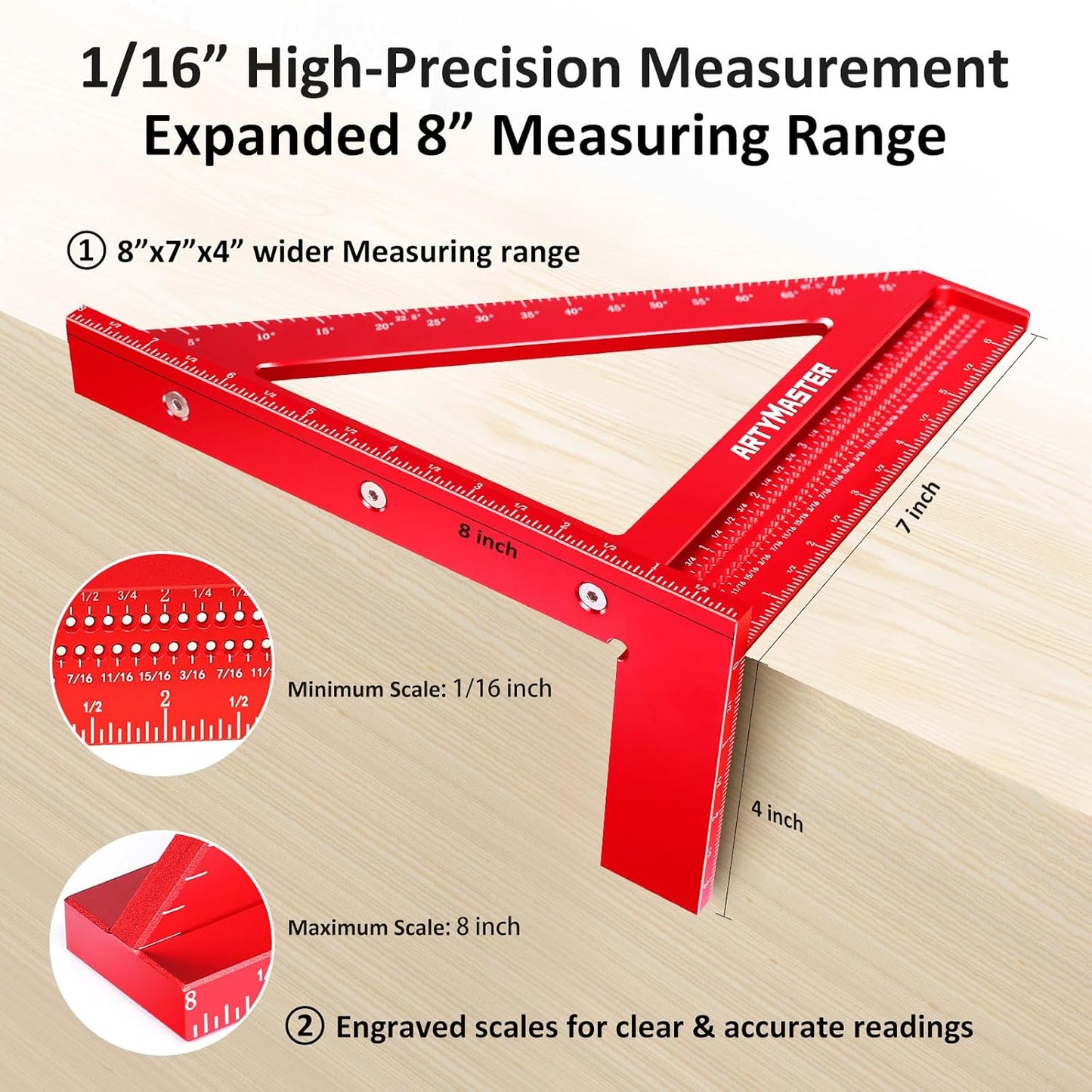 8 inch 3D Multi-Angle Measuring Square Ruler, WT103C High Precision Hole Scribing Woodworking Tools, 0-90° Aluminum Alloy Carpenter Square with Stair Gauges, Carpenter Pencils 6 Refills.