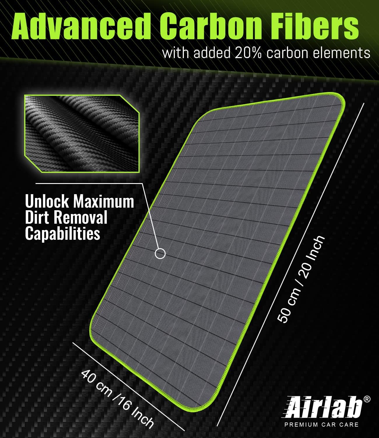 Airlab Carbon Microfiber Towels for Car Glass Window Polishing Cleaning Cloth Auto Detailing Lint Free Streak Free Drying Car Wash Large Towel, Pack of 2, 20" x 16", Grey-Green