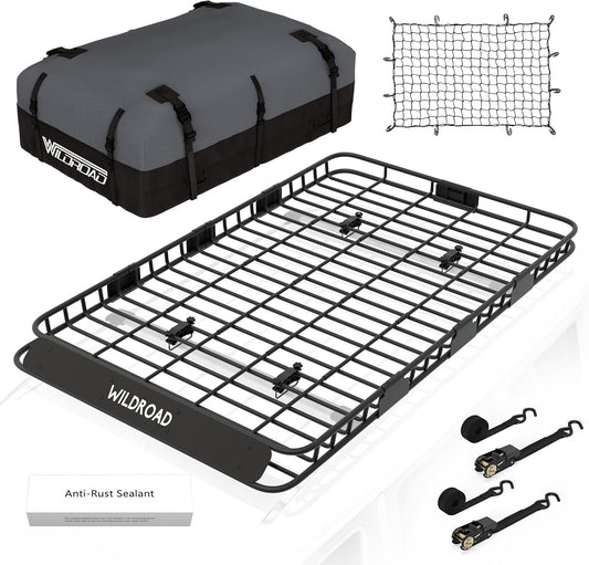 Wildroad Roof Rack Cargo Basket, Upgraded 4” Fence Wide Car Roof Basket Combo, 84"x 50"x 4" Universal Roof Cargo Carrier Basket with Cargo Bag, Cargo Net and Ratchet Straps Fits for SUV Truck Cars