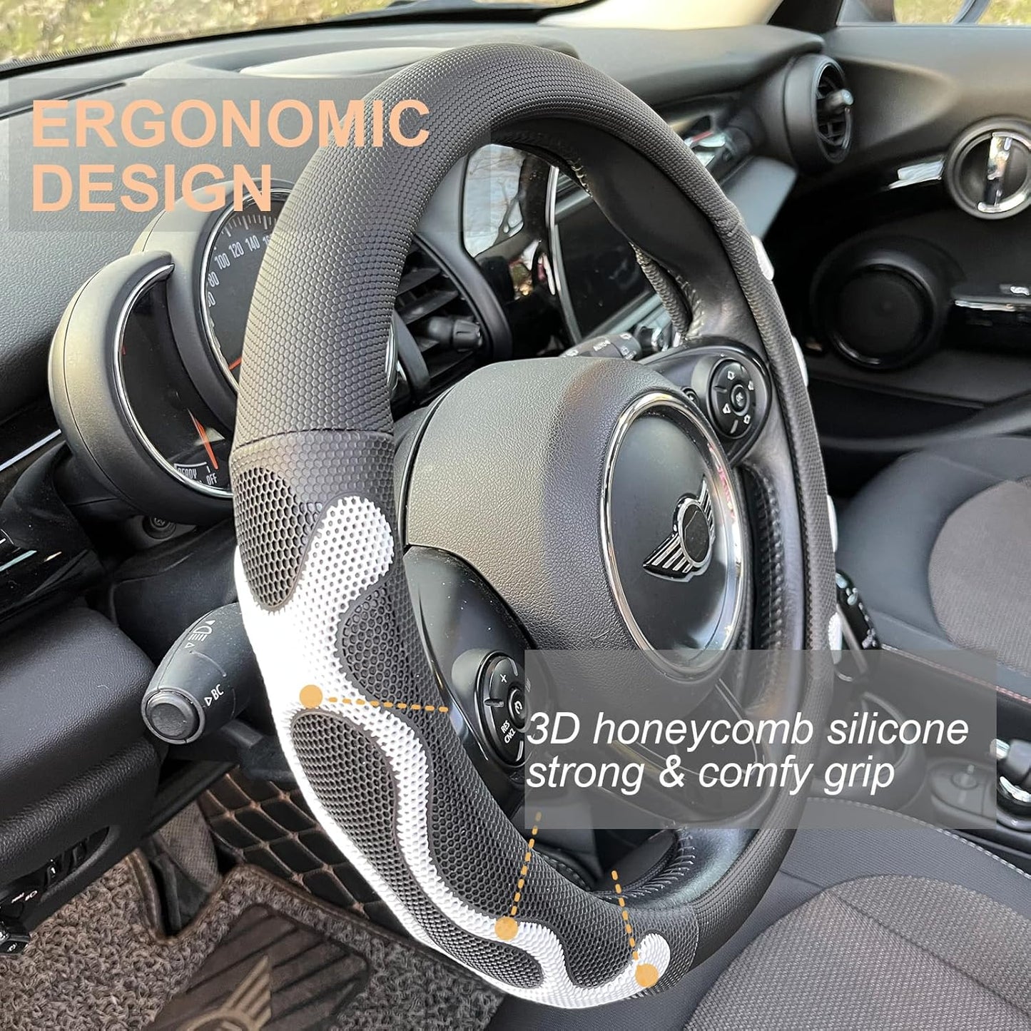 PINCTROT Large Size Comfy Grip Steering Wheel Cover, Anti-Slip Design, 15.5-15.75 Inch(Silicone White)