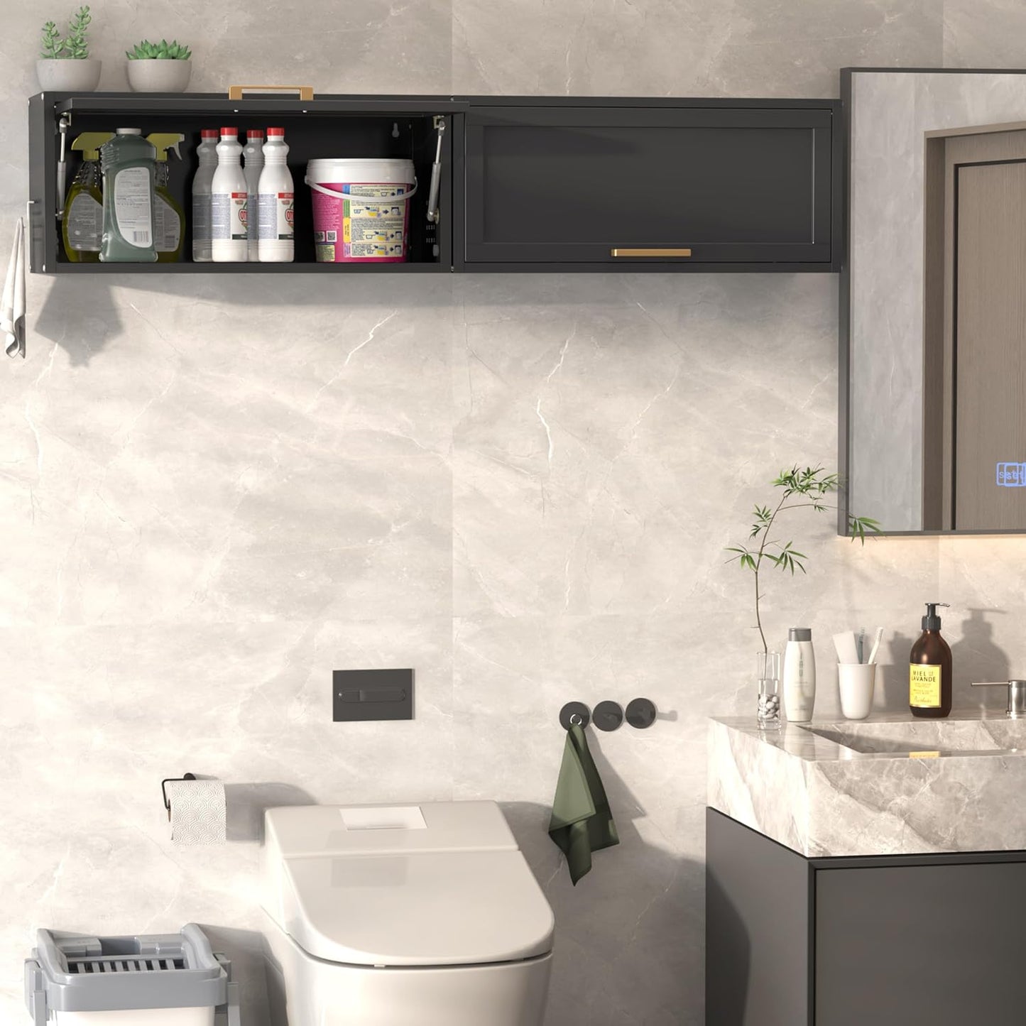 Metal Garage Wall Cabinet, Floating Tool Cabinet for Home, Office, Kitchen, Basement, Warehouse - Black with Up-Flip Door, Wall Mounted, Assembly Required