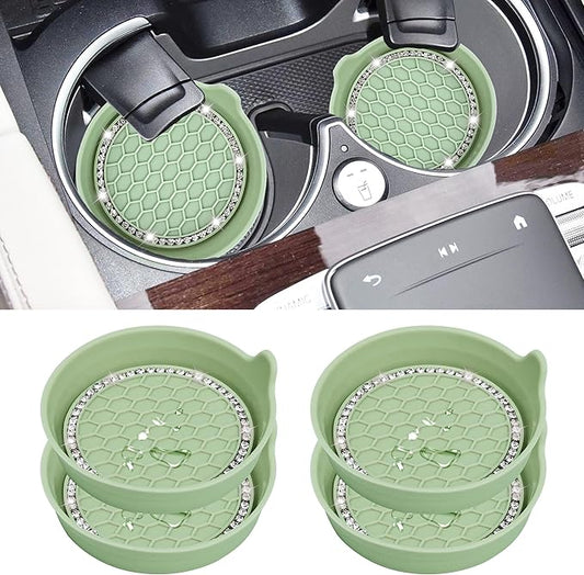 Amooca Car Cup Coaster Universal Non-Slip Cup Holders Bling Crystal Rhinestone Car Interior Accessories 4 Pack Tea Green