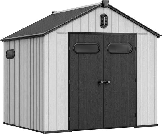 YITAHOME 8x8ft Resin Storage Structure, Outdoor 427 cuft Plastic Garden Storage Unit with Windows, Vents and Lockable Entrance, Waterproof Tool Organizer with Flooring for Lawn Equipment