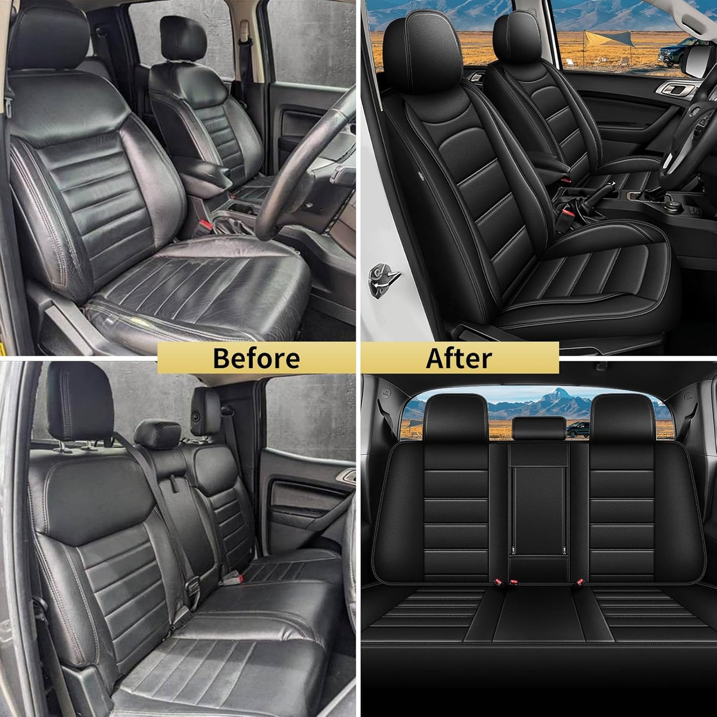 AOMSAZTO Ford Ranger Seat Covers: Full Set Custom Fit 2019 2020 2021 2022 2023 2024 2025 Ford Ranger XLT/XL/Lariat Waterproof Leather Seat Protector(5 Seats, Black)