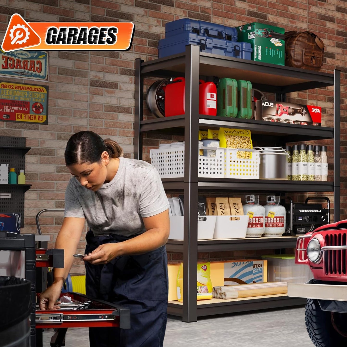 72" H*36'' Storage Shelves 2500lbs Garage Shelving, Adjustable Heavy Duty Garage Shelves, Easy to Install Metal Shelving Wood Shelving Unit, Storage Shelf for Basement Warehouse