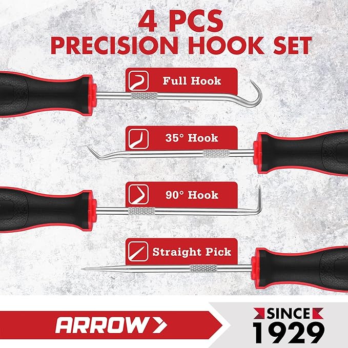 ARROW 4-Piece Precision Hook and Pick Set with Pouch, Mini Pick Tool Set for Automotive Mechanic, O-Ring Removal Tool, Oil Seal, Gasket Remover, Hose Puller Hooks