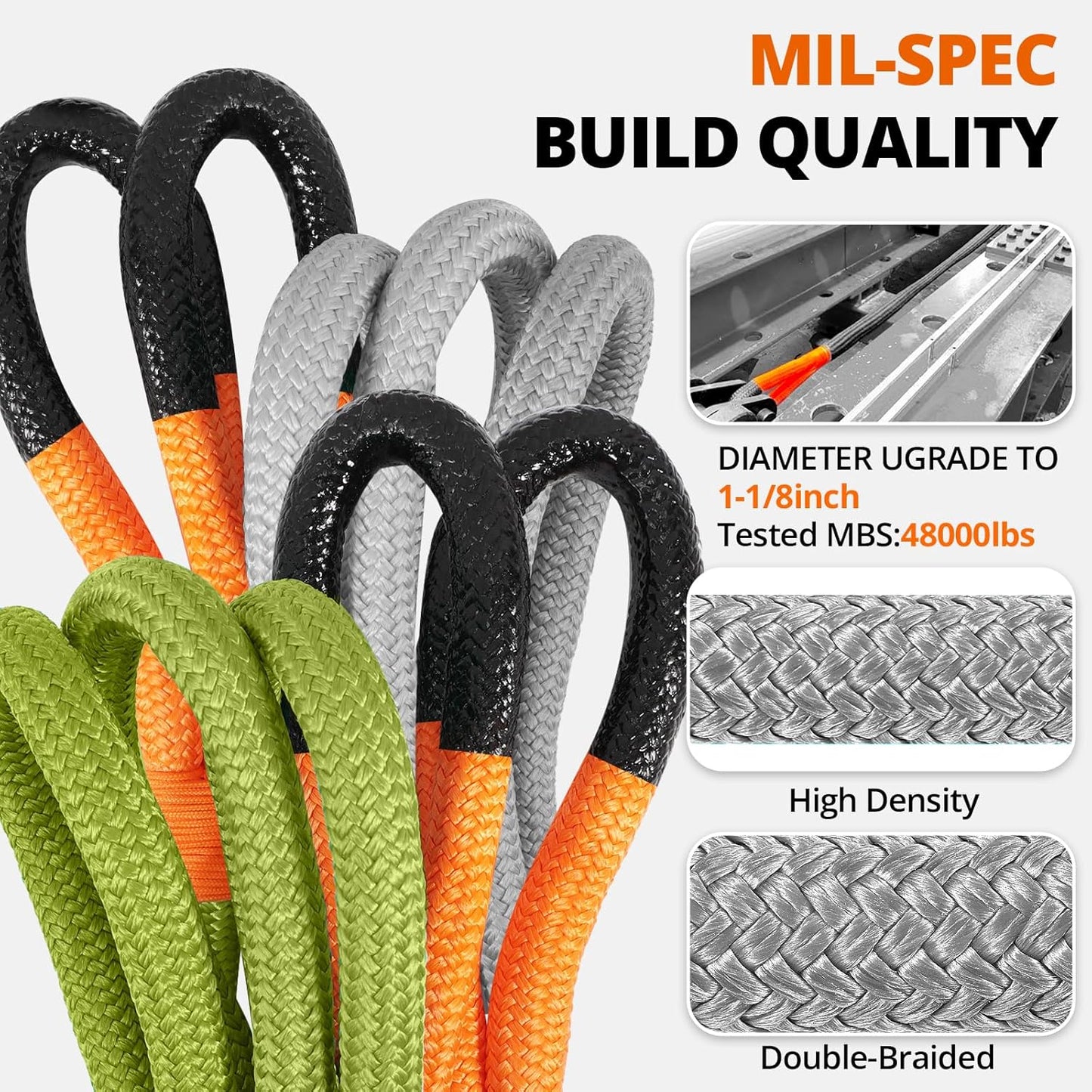 Kinetic Recovery Tow Rope: 1-1/8" x 30ft 48000LBS Snatch Strap with Soft Shackles Heavy Duty Offroad Towing Straps Kit for Trucks SUV UTV ATV Tractor Car Jeep - Green
