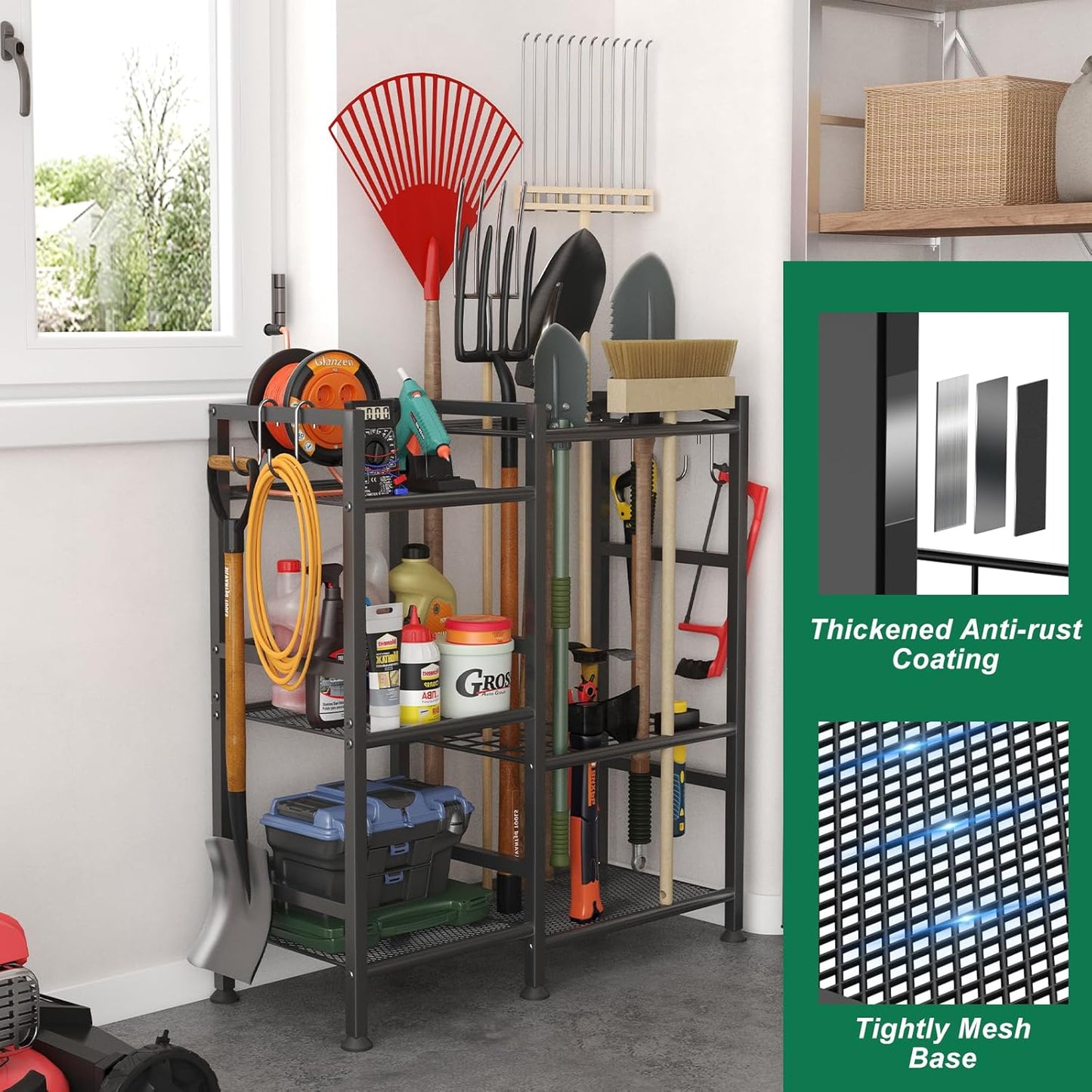 keomaisyto Garden Tool Organizer for Garage Organization, 3 Tier Yard Tool Storage Rack with 35 Long-Handled Tool Slots, Heavy Duty Garden Tool Holder with Large Hooks for Shed, Yard, Garage