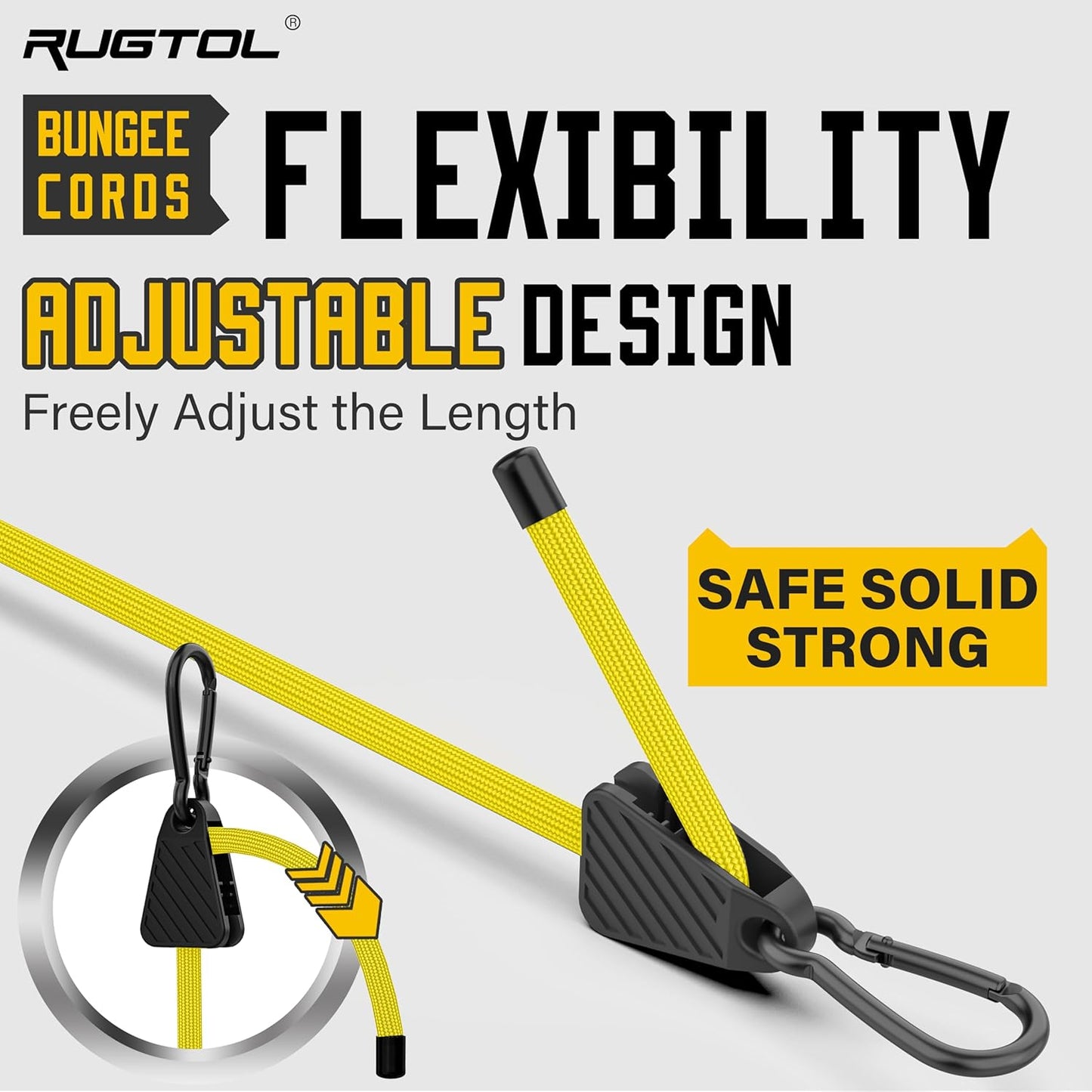 Bungee Cords with Hooks, 60 Inch Yellow Adjustable Bungee Cords with Carabiner Heavy Duty Outdoor, 8mm Thick Easy to Adjust Bungee Rope UV Resistant for Tarp, Bike Rack, Garden, Tension, 6 Pack
