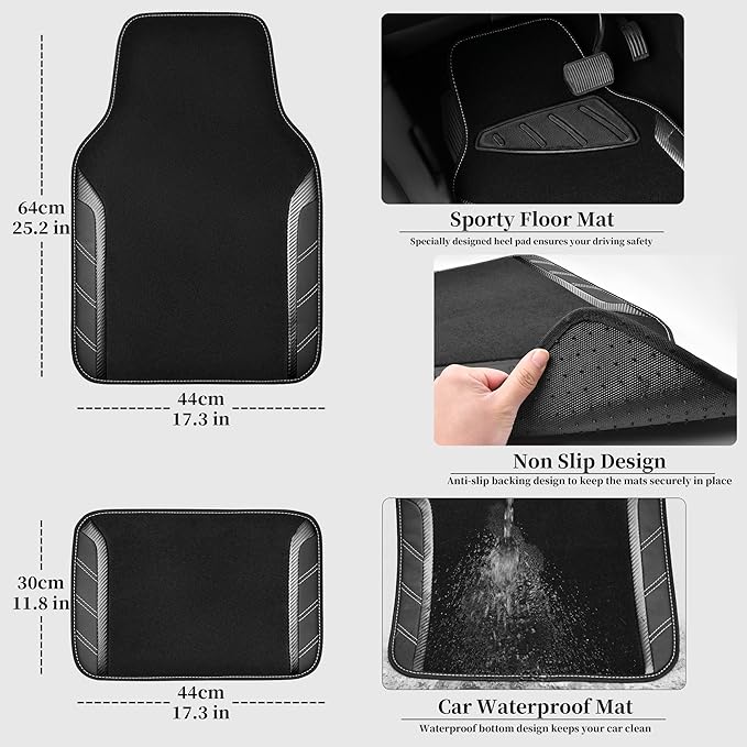 CAR PASS Leather Steering Wheel Cover and Waterproof Car Floor Mats,Microfiber Universal Car Combo Fit for 95% Sedan,SUV,Cars,14.5-15inch Sporty Anti-Slip Safety Comfortable Design(Carbon Fiber Black)