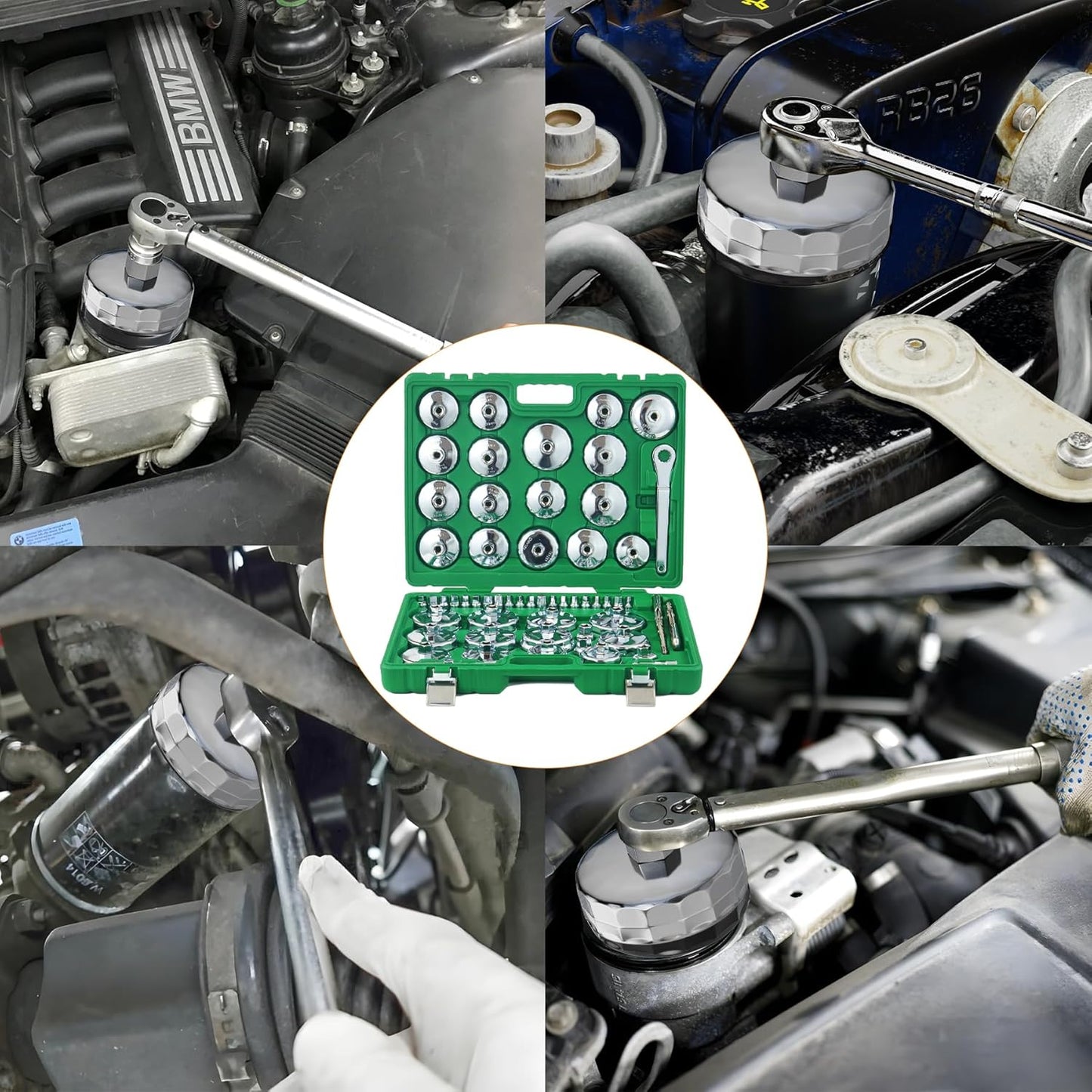 Auto Oil Filter Socket Wrench Set, Cup Type 1/2 inch Drive Cap Removal Tool, with Drain Plug Socket Set/Adjustable/Drive, Compatible, all Models Car, SUV, Oil Filter (58, GREEN)