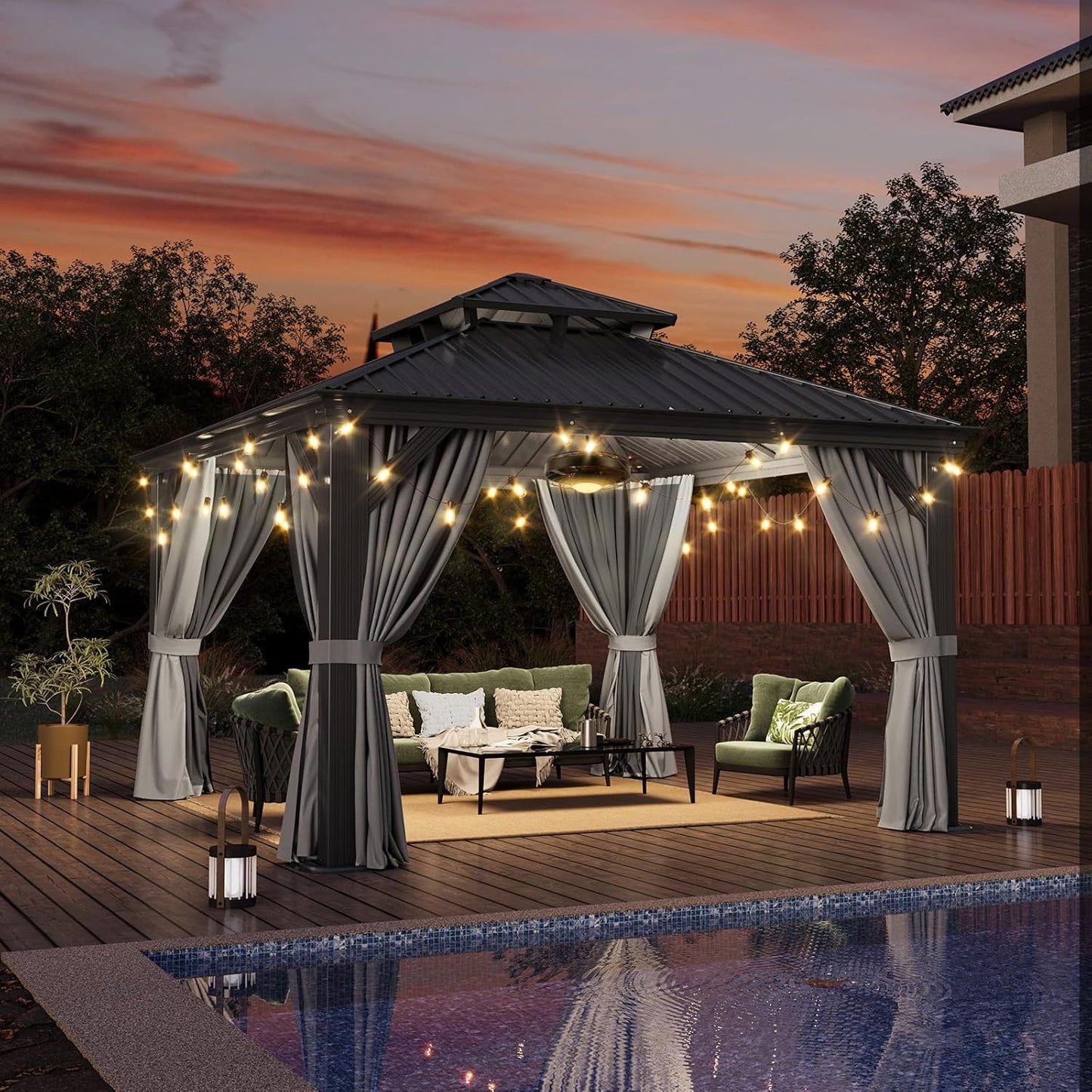 Aoxun 12' X 12' Hardtop Gazebo with Drainage System, Aluminum Outdoor Gazebo with Galvanized Steel Double Roof, Patio Permanent Metal Pavilion with 20 inch Ceiling Fan, for Garden, Deck, Grey