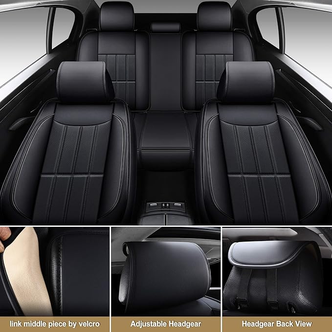 AOOG Leather Car Seat Covers for Cars SUV Pick-up Truck, Universal Full Set Black