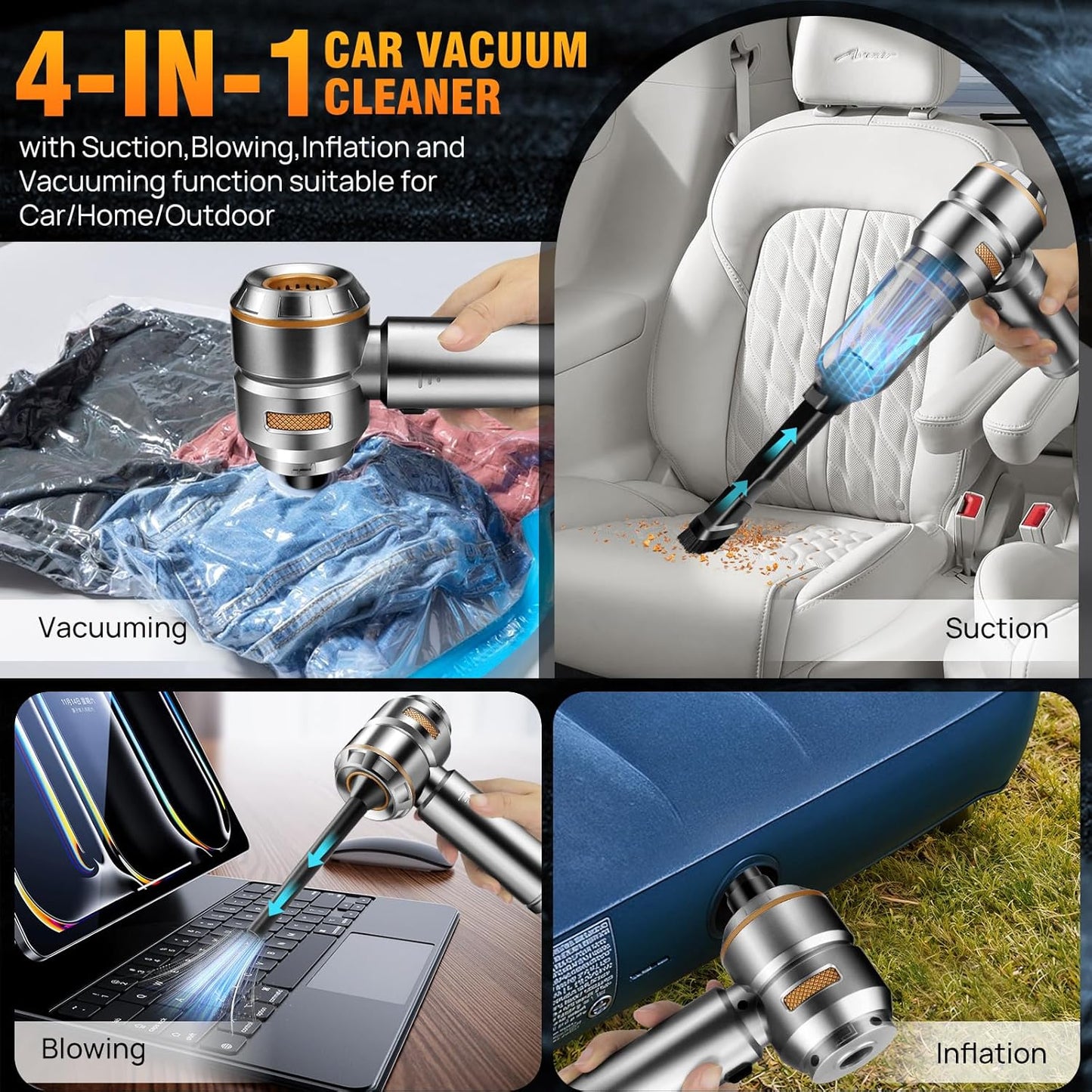 Mini Car Vacuum Cleaner,20000PA 4-in-1 Cordless Handheld Vacuum Cleaner with 6000mAh Battery Brushless Motor Hand Held Vacuum Air Duster & Air Blower & Pump for Car,Office and Home Cleaning