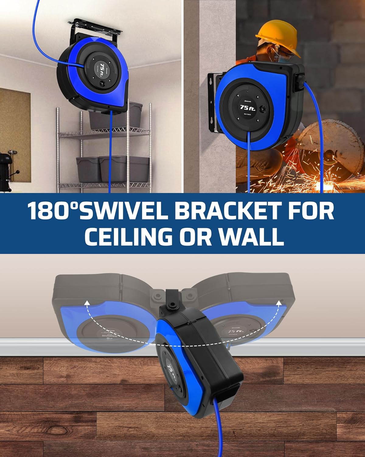 DEWENWILS Retractable Extension Cord Reel, 75 FT Heavy Duty Power Cord, 14/3C SJTOW Retractable Cord Reel, Lighted Triple Outlets, 10A Circuit Breaker, Wall/Ceiling Mount, UL Listed, Blue