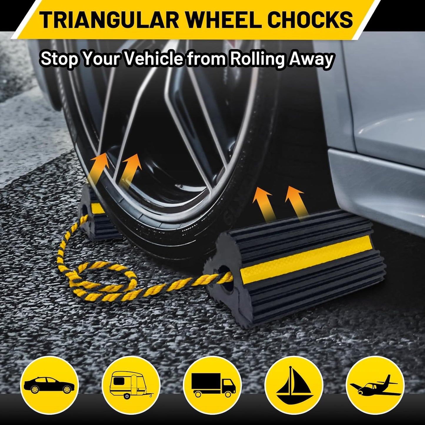 ROBLOCK Heavy Duty Wheel Chocks, Rubber Wheel Block Non-Slip Base with Nylon Rope Yellow Reflective Tape - 1 Pair Black, Wheel Stoppers for Travel Trailers, RV, Aircraft, Car, Camper, Truck