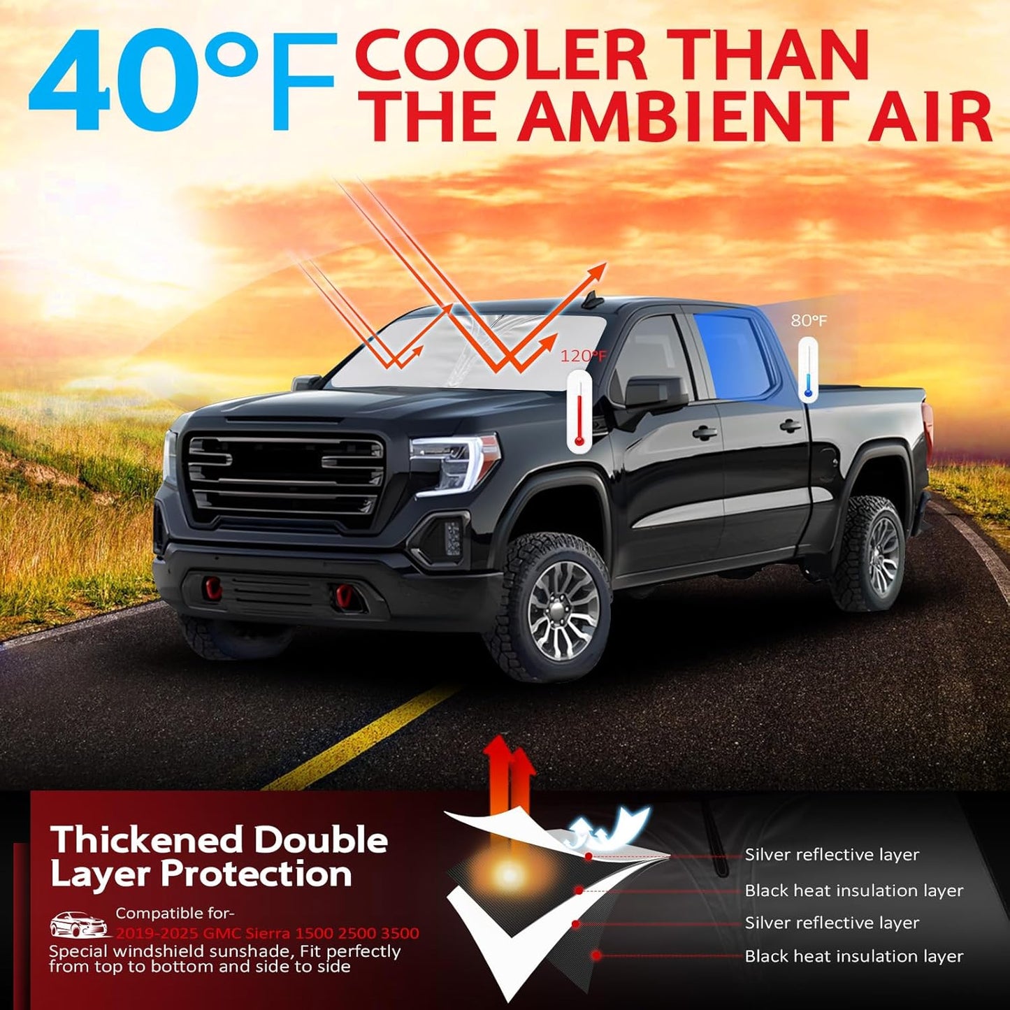 KAYZT Windshield Sun Shade for 2019-2025 2026 GMC Sierra 1500 2500 3500 Foldable Sunshade Front Window Custom Fit Car Accessories