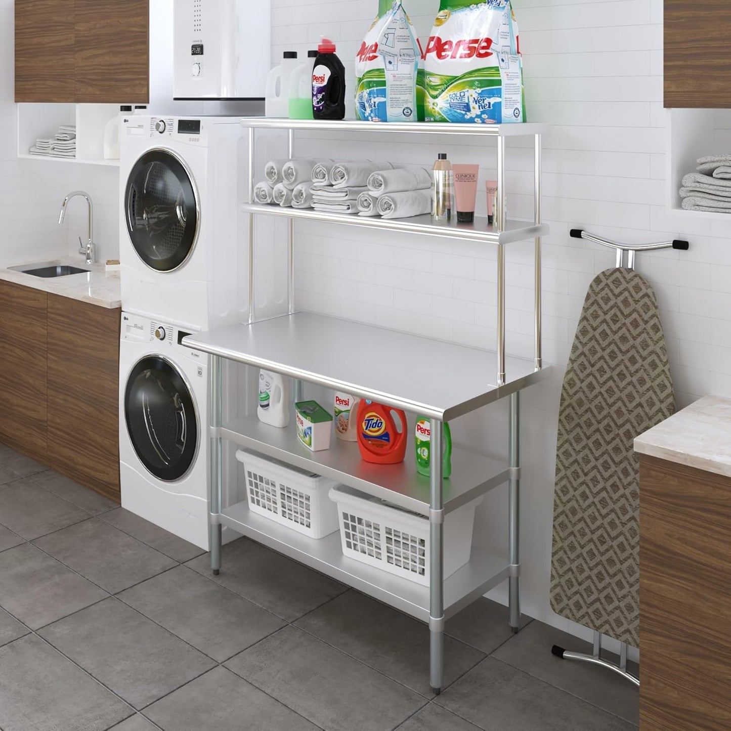 Amgood Stainless Steel Work Table with 2 Shelves | Metal Kitchen Prep Table & Shelving Combo (24" x 48" Table with 2 Shelves + 12" Overshelf)