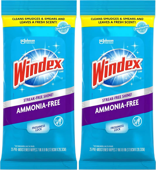 Windex Glass and Surface Ammonia-Free Pre-Moistened Wipes, Crystal Rain Fresh Scent, 25 Count (Pack of 2)
