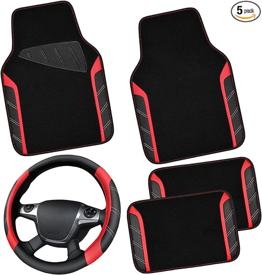 CAR PASS Leather Steering Wheel Cover and Waterproof Car Floor Mats,Microfiber Universal Car Combo Fit for 95% Sedan,SUV,Cars,14.5-15inch Sporty Anti-Slip Safety Comfortable Design(Black＆Red)