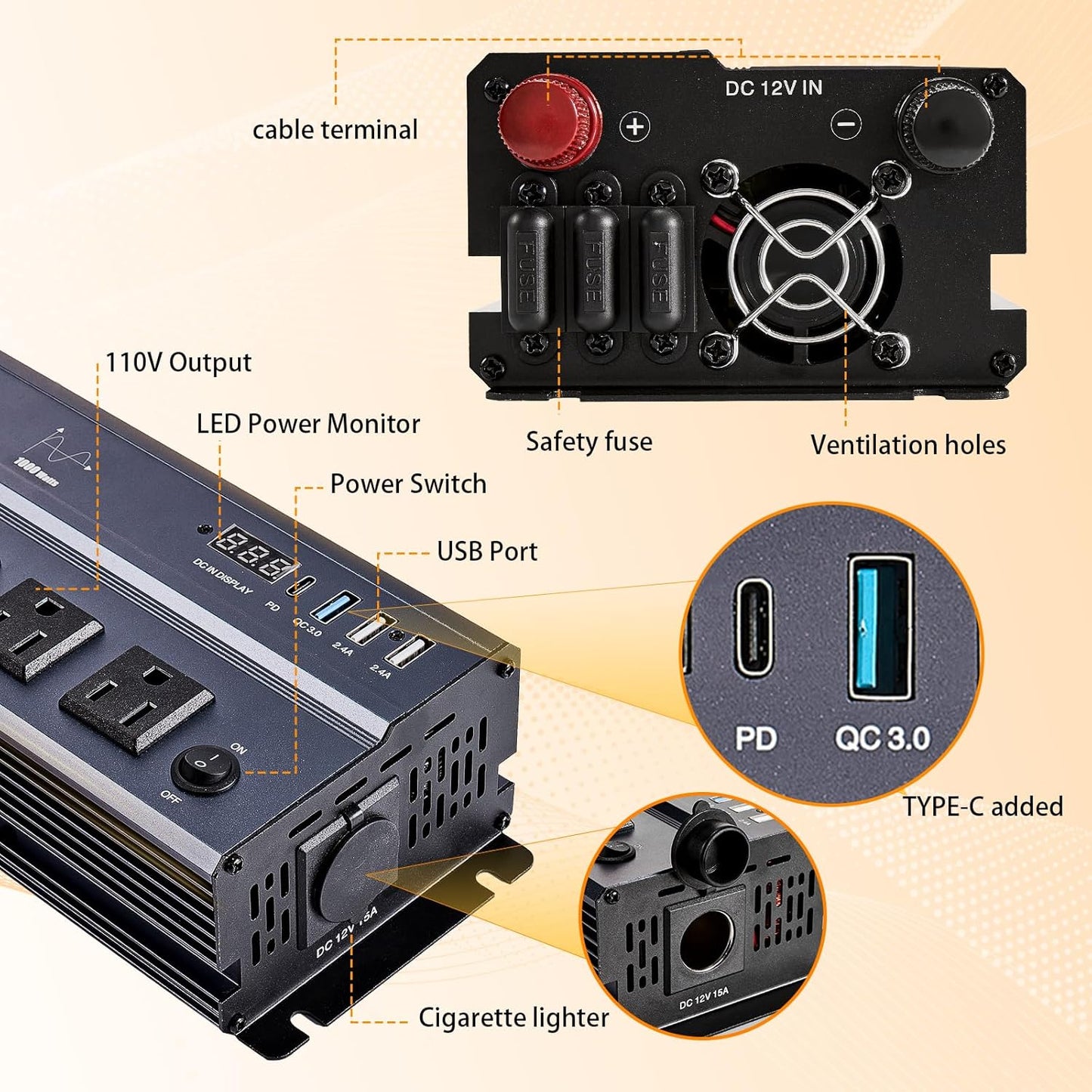 1000W Pure Sine Wave Inverter 12V DC to 120V AC Converter,1000 Watts 12 Volt Car Power Inverter for Home,Camping, RV, Truck, Vehicles, Emergency with Built-in a Type-C, Dual 5.2V/2.4A USB, 3AC Outlets