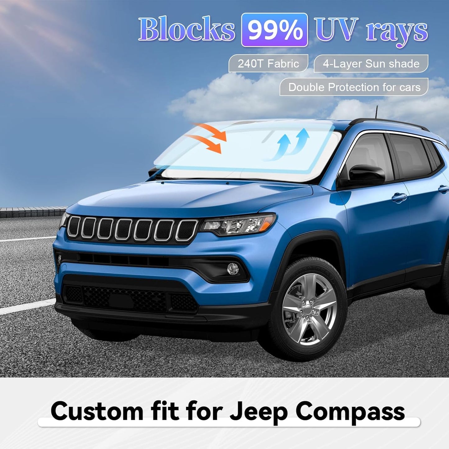 Sun Shade Sunshade for Jeep Compass Windshield Cover, 4-Layer Front Window Shade Custom fit Compass 2017-2024 2025 Sun Visor 240T Retractable Shield Shade Blocks UV Rays Cooler Car Accessories