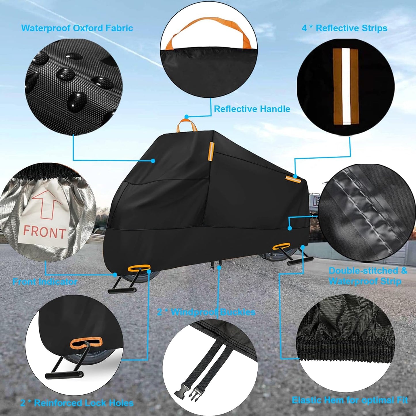 Motorcycle Cover Waterproof Outdoor, 300D Heavy Duty Motorcycle Cover for Ninja 250 300 650 1000 Yamaha YZF R1 R7 MT-09 Suzuki GSXR 600 750 1000 Scooter Cover Protection Fits up to 86" - Black
