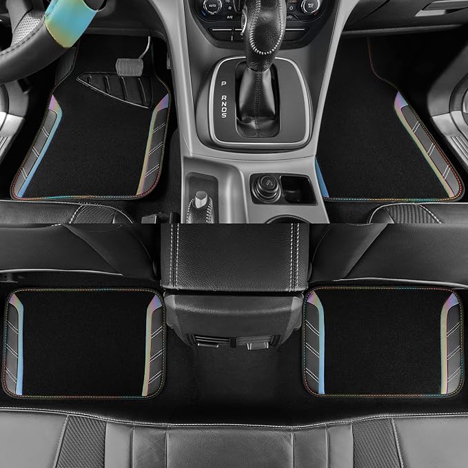 CAR PASS Leather Steering Wheel Cover and Waterproof Car Floor Mats,Microfiber Universal Car Combo Fit for 95% Sedan,SUV,Cars,14.5-15inch Sporty Anti-Slip Safety Comfortable Design(Black＆Reflective)