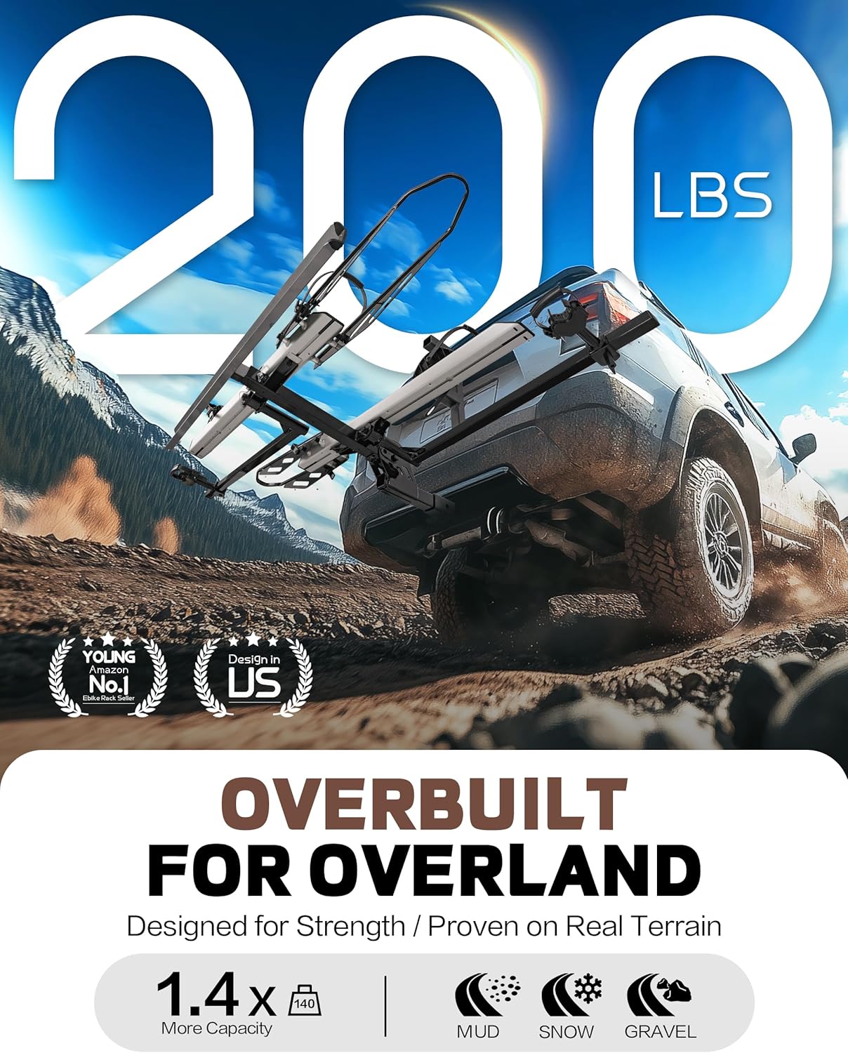 Young Hitch Mount Bike Rack with Ramp, 200 lbs. Capacity for 2 E-Bikes, Fat Tire and Standard, fits Cars, SUVs, RVs, Trailers with 2 Inch Receiver