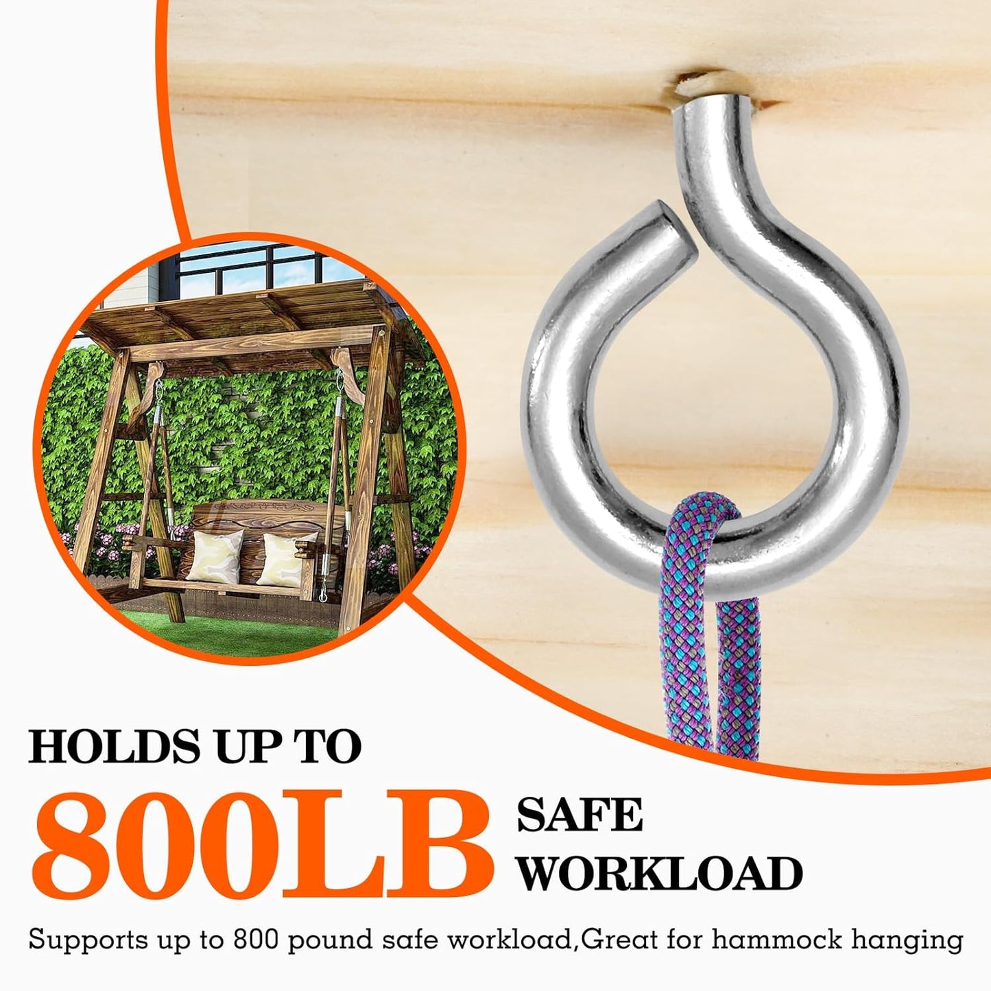 8Pcs Self Tapping Eyelet Screw Eye Bolt，6 Inch Heavy Duty Screw Eyes Hooks ，M10 Wooden Large Screw Eye Hook，Load Capacity 800 Lbs for Hammock ，Yoga，Heavy Indoor Outdoor Uses (8, M10-6 INCH)