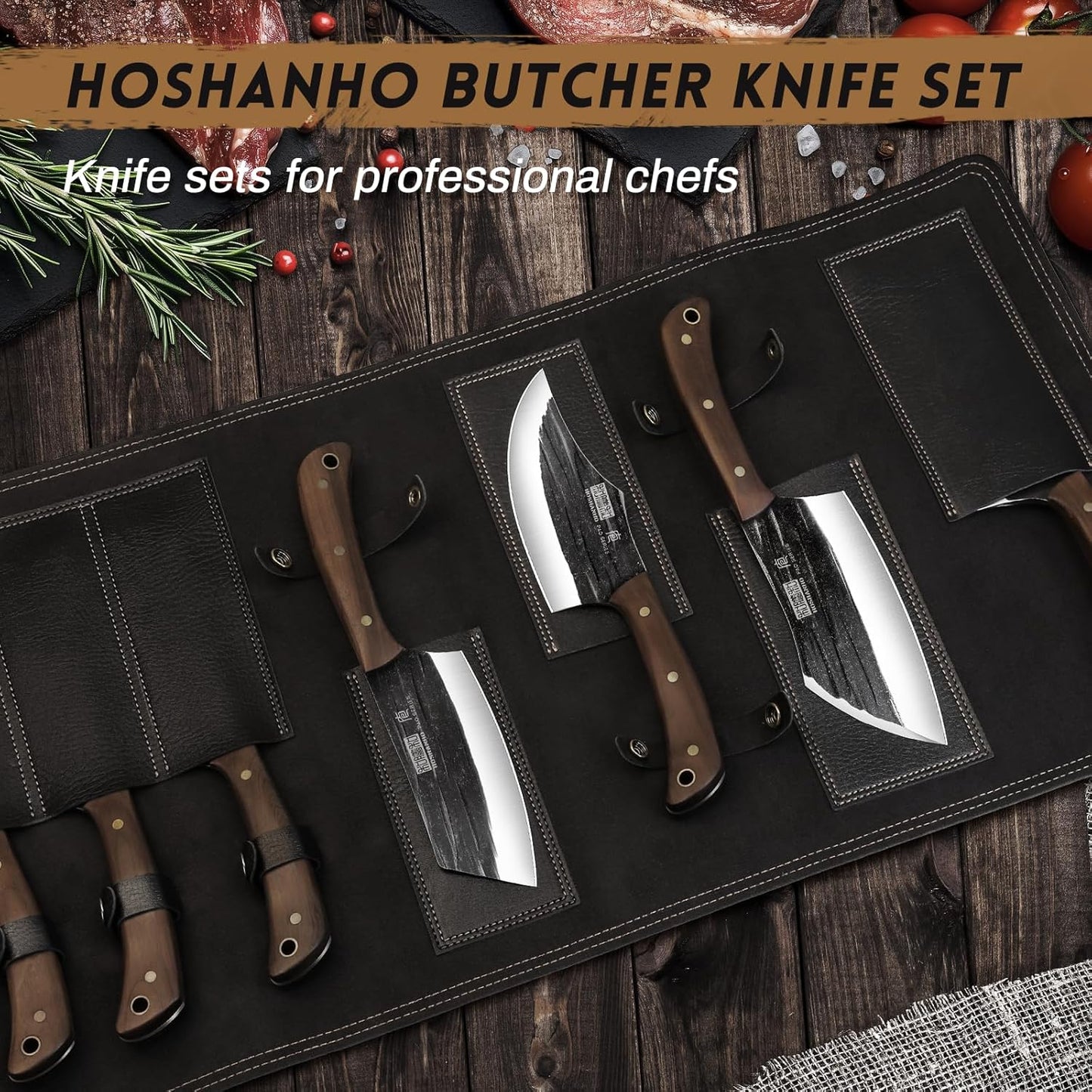 Butcher Knife Set, Hand Forged Butcher Chef Knife Set with Roll Bag, Sharp Meat Cleaver Knife & Bone Chopper Knives & Fillet Knives for Home & Camping & BBQ Gift for Men