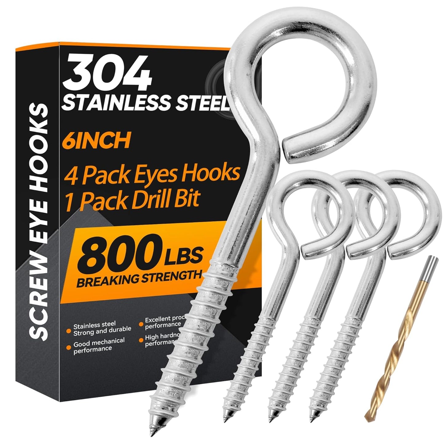 4Pcs 6 Inch Heavy Duty Screw Eyes Hooks, 304 Stainless Steel Self Tapping Eyelet Screw Eye Bolts,800LBS Breaking Strength, Screw in Eye Hooks for Wood Securing Cables Wire. (4, M10-6 Inch)