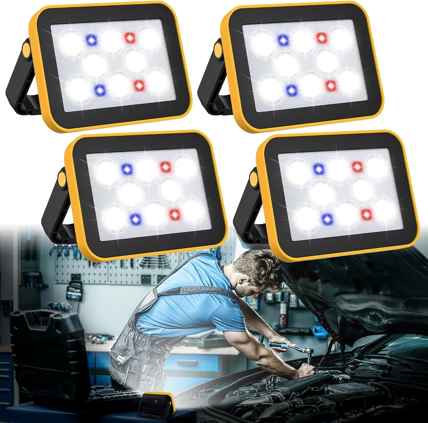 4 Pack Work Light Portable COB LED Super Bright Rechargeable Flood Light Working Lamp Stand USB Cordless Battery Powered Worklight Tool for Outdoor Camping