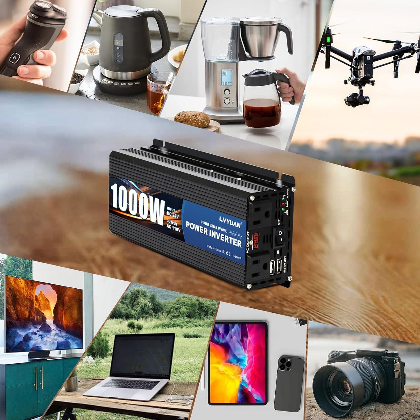 LVYUAN 1000 Watt Pure Sine Wave Power Inverter 24V to 110V/120V DC to AC Converter with Dual Sockets, Dual USB Ports, LED Display for Home Outdoor RV Car Power Inverter Power Adapter