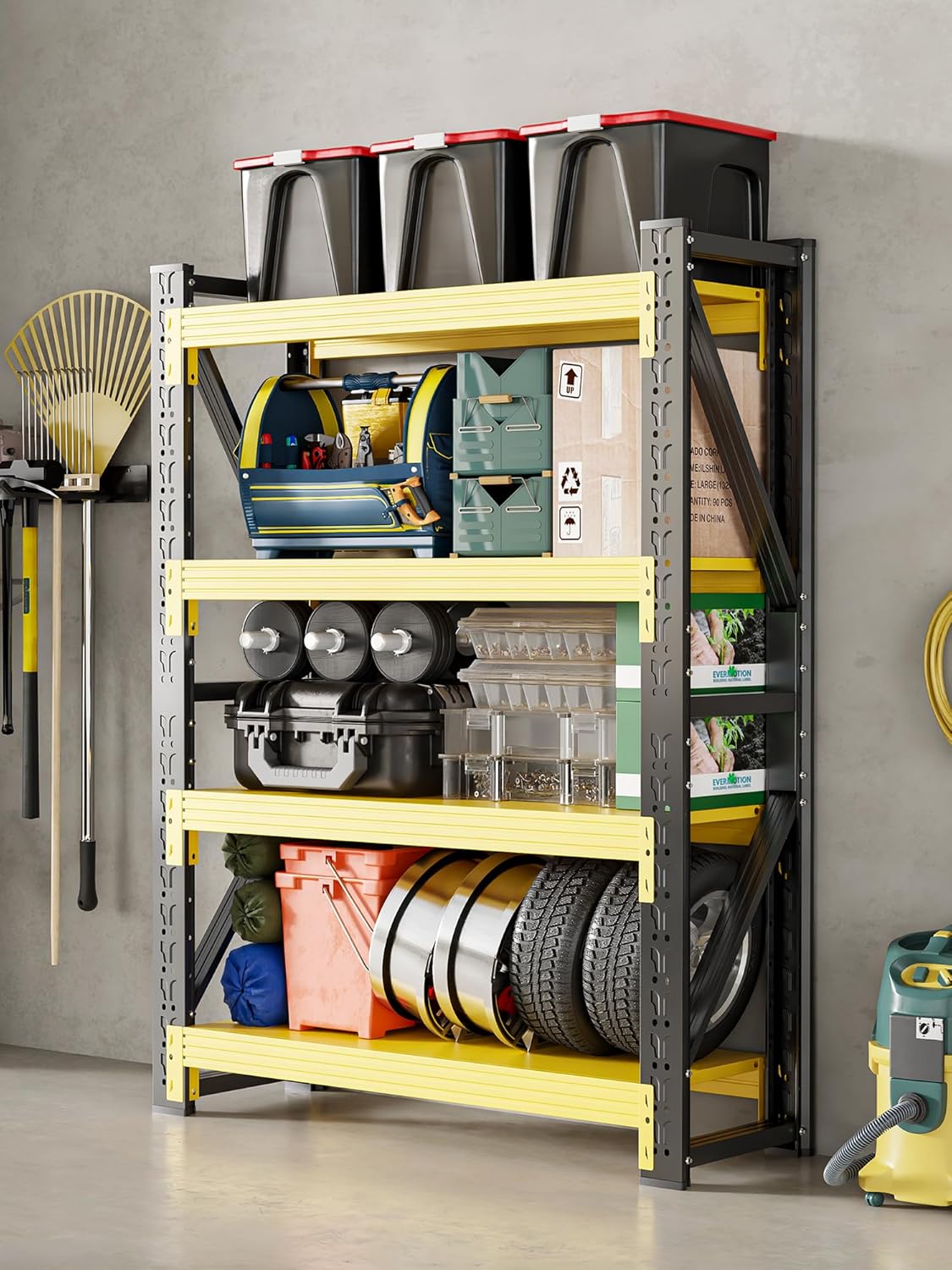 4-Tier Storage Shelves,79" H Heavy-Duty Garage Shelving Unit,Adjustable Industrial Metal Shelf System,4,500lbs Capacity,Tool Organizer for Garage,Workshop,60" W*20" D*79" H,Black&Yellow