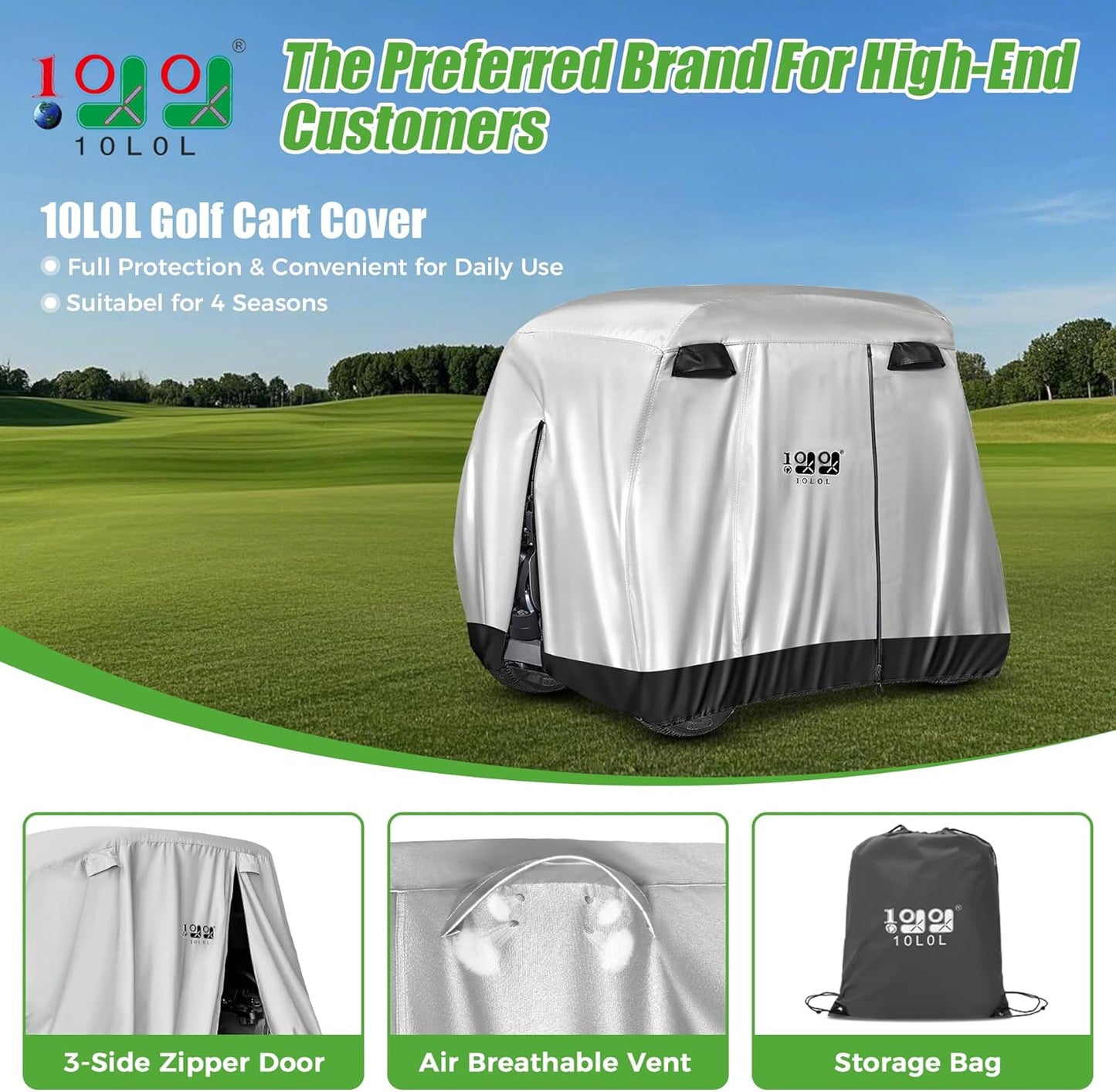 10L0L 4 Passenger Golf Cart Cover for Yamaha EZGO Club Car, 400D Polyester All-Weather Waterproof Golf Cart Storage Cover with Three Zipper Doors-Silver