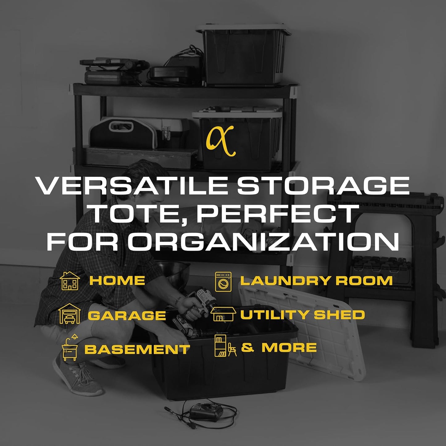 BLACK & YELLOW, 17-Gallon Heavy Duty Tough Storage Container & Snap-Tight Lid, (12.5"H x 18"W x 26.9"D), Weather-Resistant Design and Stackable Organization Tote [4 Pack]