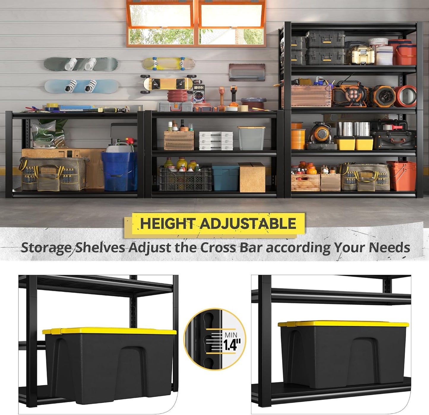 REIBII Garage Shelving Heavy Duty Storage Shelves, Extra Large Adjustable Storage Rack with 5 Tier Metal Shelving Unit, 2500LBS Loads Heavy Duty Shelf, Easy Assembly, 4 Pack