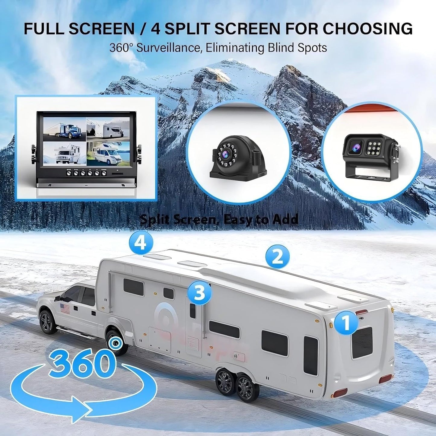 EVERSECU Car Backup Cameras System with 9'' Quad Split Monitor for RV Trailer Semi Truck Camper Bus & 4 AHD 1080P Rear&Side View Cameras with DVR Record Function Night Vision IP69 Waterproof