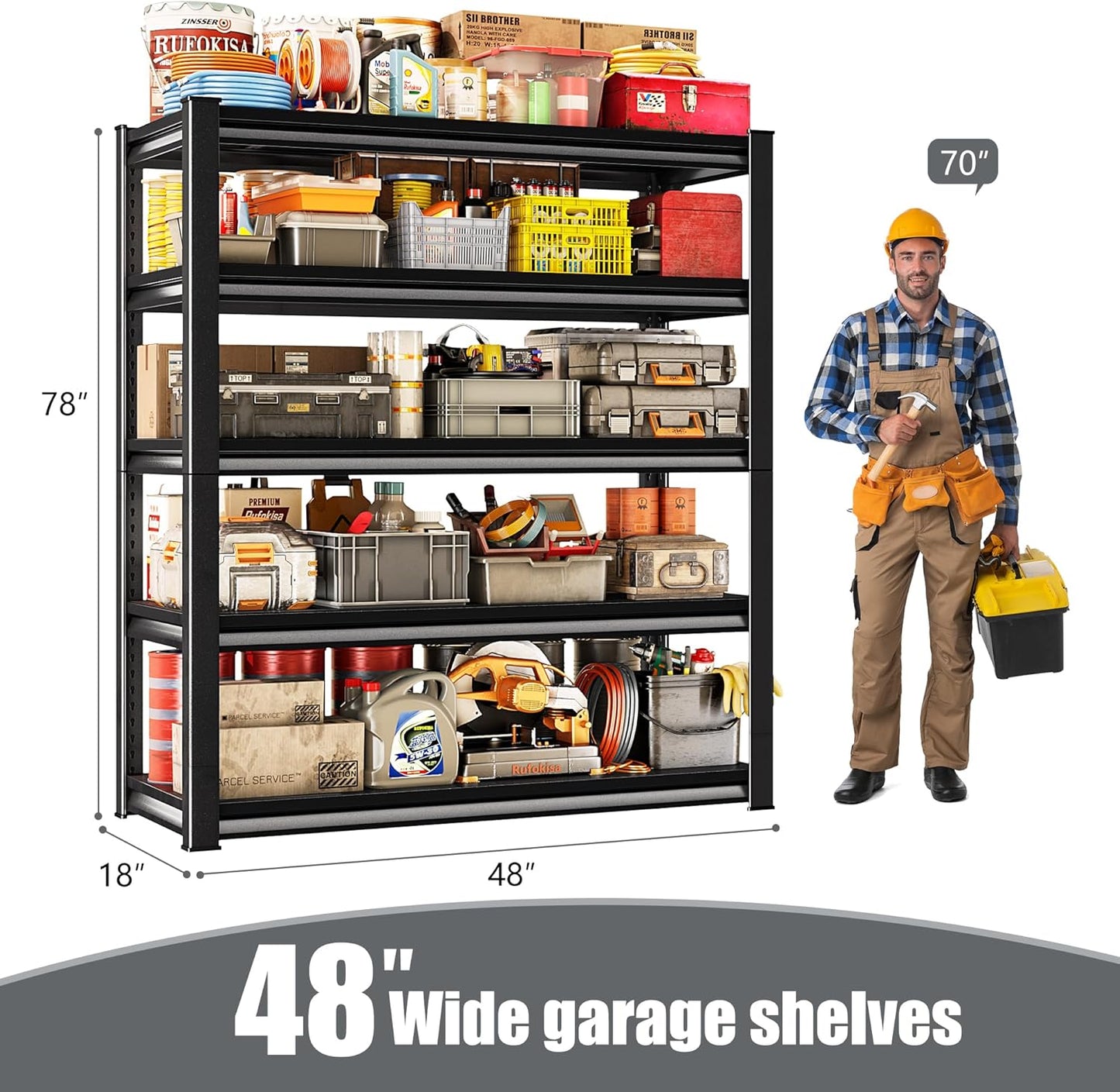 78" H Garage Shelving Heavy Duty，2800LBS Loads Adjustable Garage Storage Shelves,5-Tier Metal Storage Racks and Shelving Units, Utility Rack Shelves,48”W x 18”D x 78”H,Black