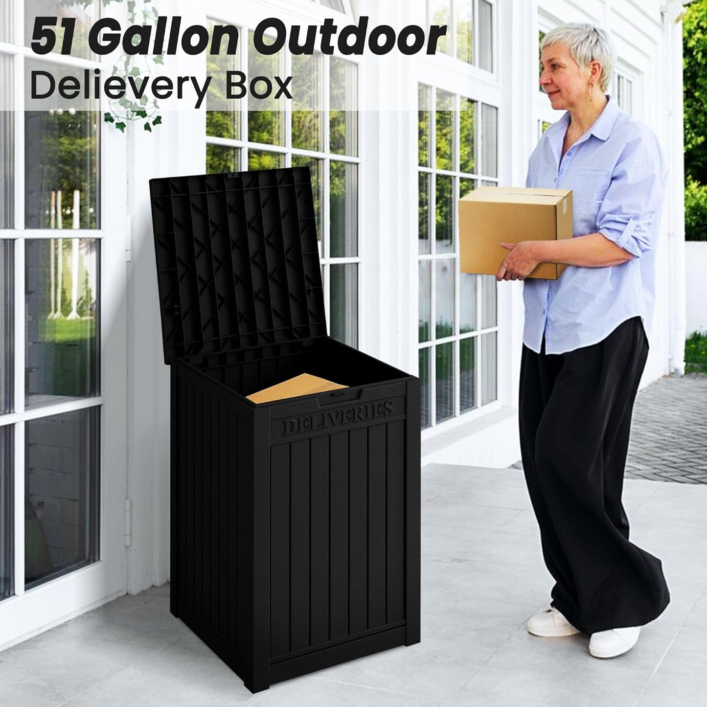 55 Gallon Plus Lockable Resin Deck Box, Waterproof Outdoor Storage Box for Patio Furniture, Garden Tools, Pool Accessories, UV-Resistant Outside Delivery, Black