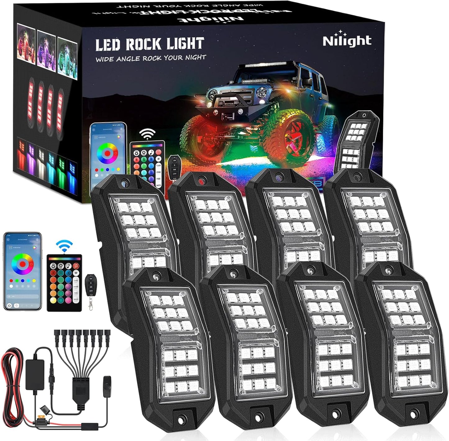 Nilight RGB LED Rock Lights Kit 8 PCS 18LED Wide Angle Wheel Well Light with Remote & Bluetooth App Dual Control Multi Modes Underglow Multicolor Neon Pod for ATV UTV SUV Offroad Truck RZR Boat