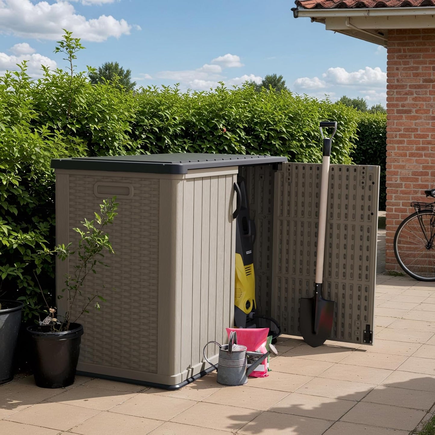 Devoko Outdoor Storage Cabinet 26 Cu Ft with Lockable Doors, Horizontal Storage Shed Waterproof Patio Tools Storage Box for Sofa Cushions, Gardening Tools and Accessories (Beige)