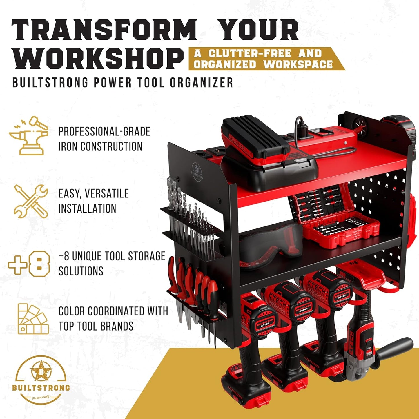 Power Tool Organizer Wall Mount - 3-Tier Heavy-Duty Metal Hand Tool Storage Rack, Utility Racks, Drill Holder, PegBoard Side, & More - Garage Storage Cordless Tool Organizer (Red)