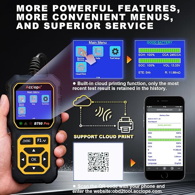 BT60 Pro Car Battery Tester, Digital Analyzer with Cloud Printing, 100-3000 CCA Range for 6V/12V/24V AGM, Lithium, Gel Batteries, Automotive Charging System