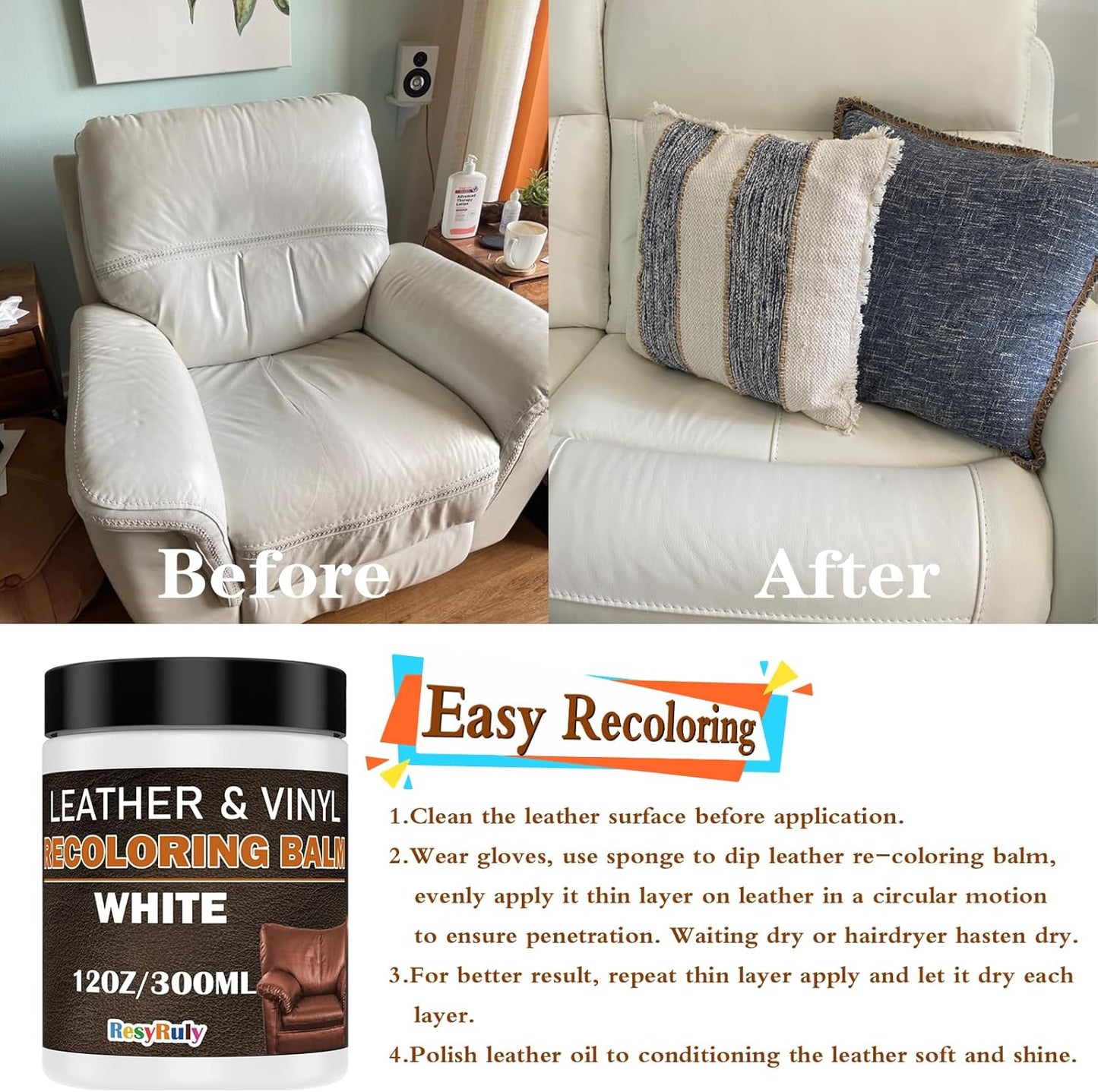 White Leather Repair Kit White Leather Dye Vinyl Paint Cream Purse Boat Seat Scratch Remover Couch Chair Car Interior Color Restorer Shoes Furniture Fade Scuff Stain Ink Mark Cover Recoloring Balm